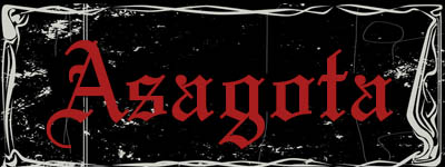 troupe de spectacle asagota: titre Asagota en rouge sous fond noir